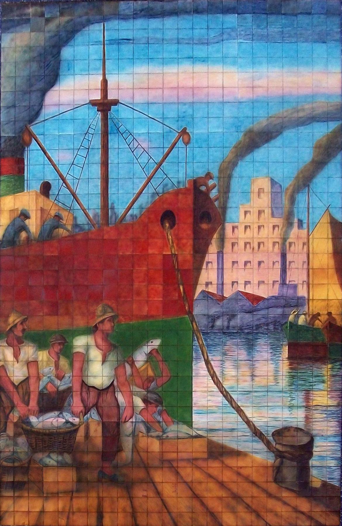 Cuadro Regreso de la pesca exhibido en un mural en la calle Caminito